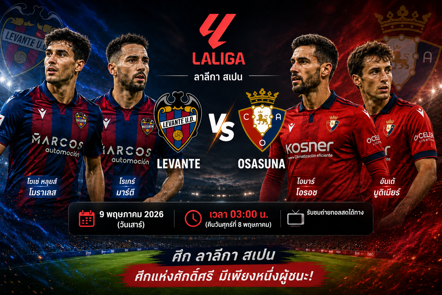 วิเคราะห์บอลและทรรศนะ: Levante UD พบ CA Osasuna – La Liga วันที่ 9 พฤษภาคม 2026 เวลา